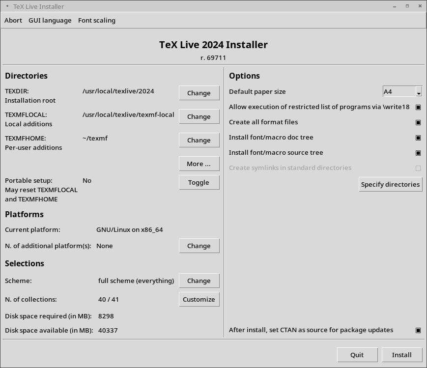 Obrazovka pokročilého GUI instalátoru (GNU/Linux)