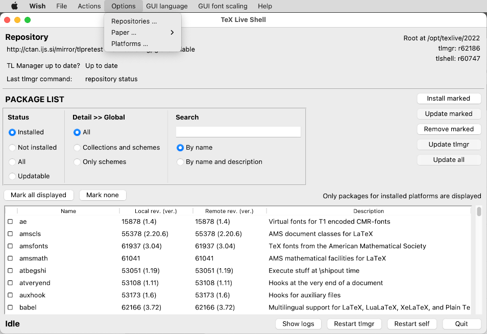 tlshell GUI, ukazující menu ,Actions‘ (Mac OS X)